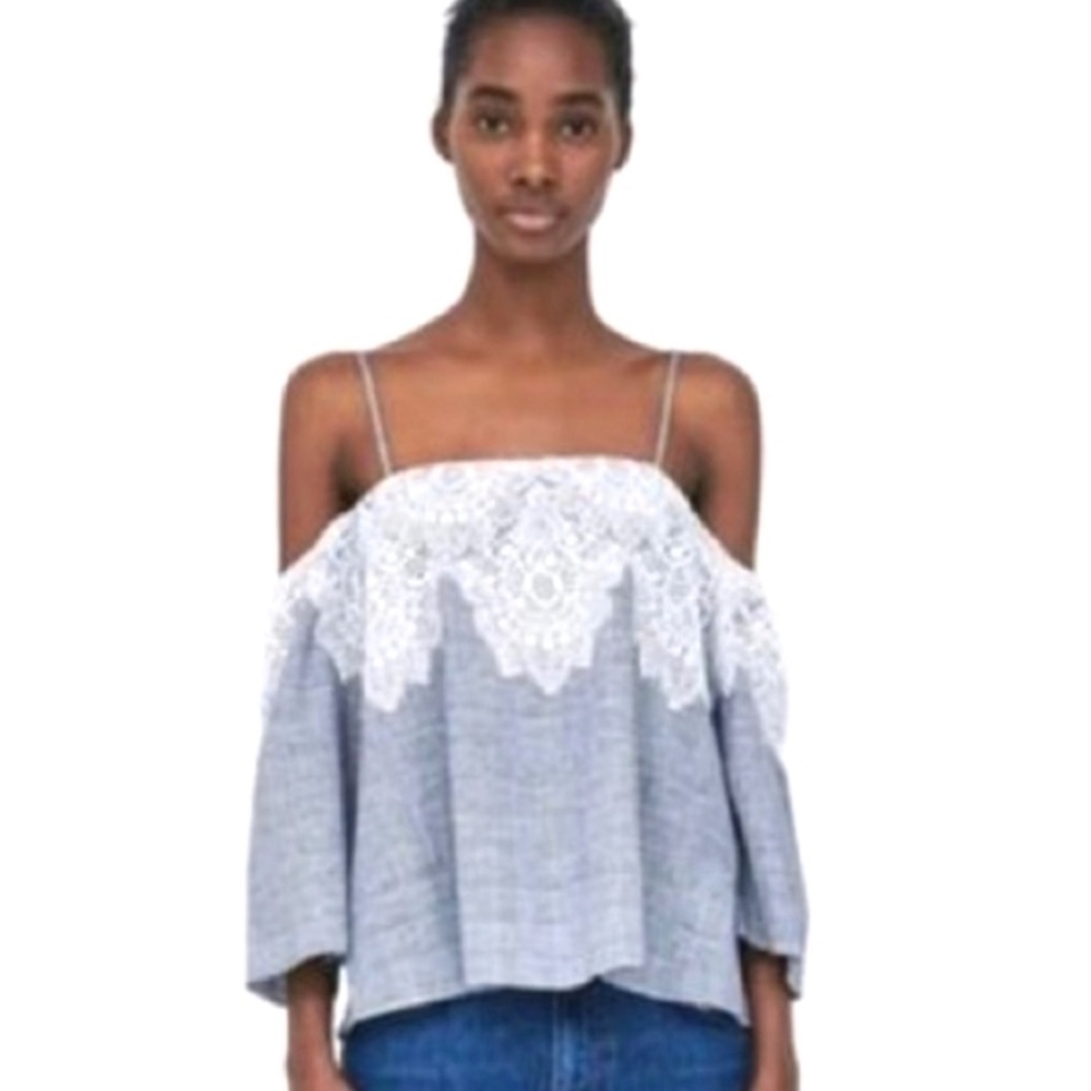 Off-the-shoulder plaid top with lace detail